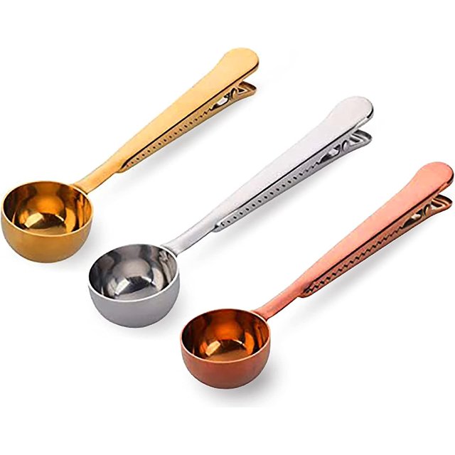 Cuchara de metal de doble uso, cuchara integrada de café, abrazadera sellada, cuchara de té, cuchara de café, abrazadera de acero inoxidable, cuchara de mango largo dos en uno, $ Multifunción Afortunado Sencillez
