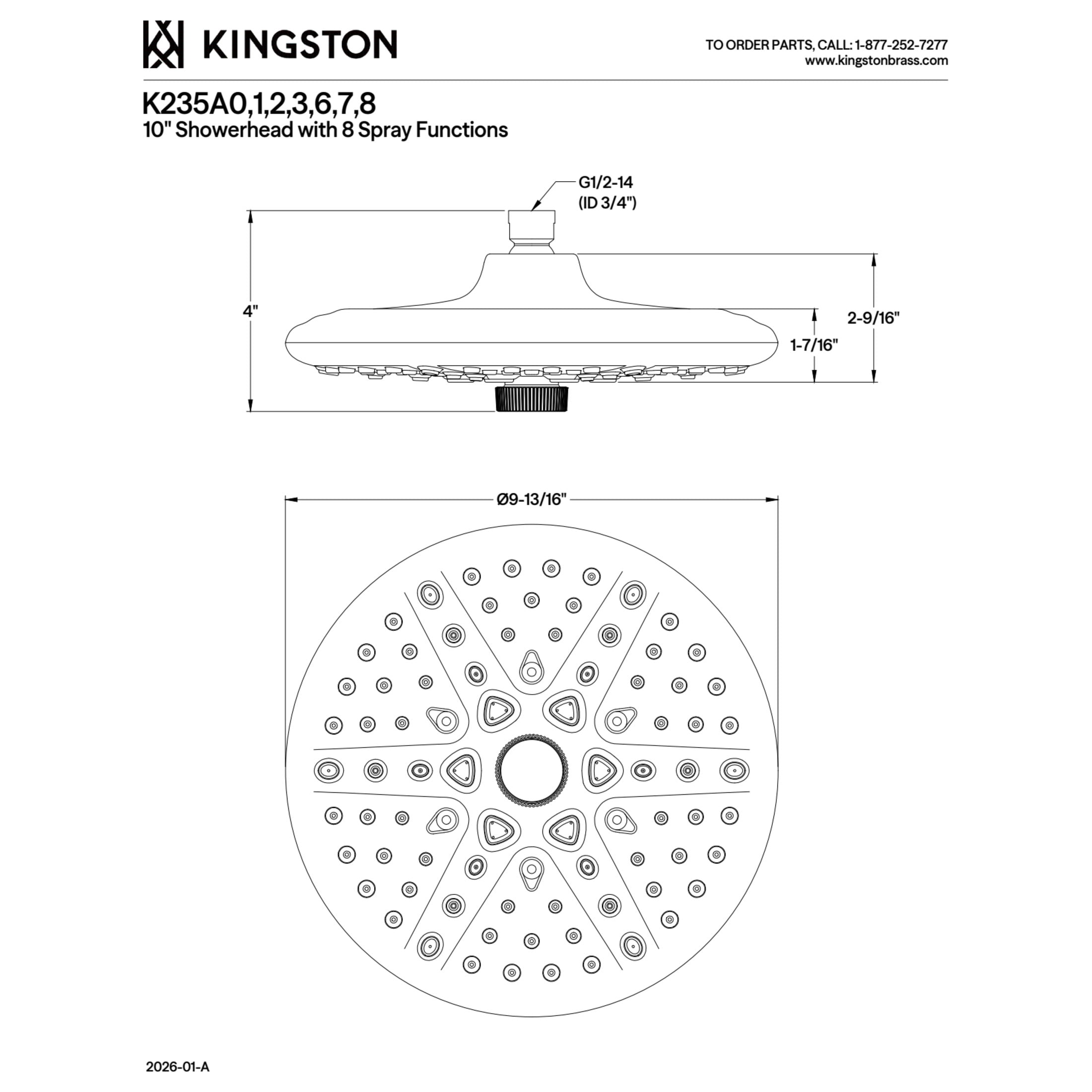 Kingston K235A8 Trimscape 9.8" Round Raindrop 8-Function Shower Head, Brushed Nickel