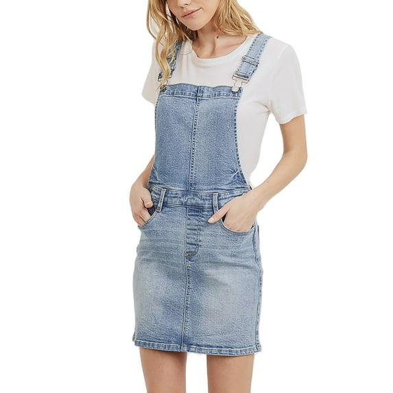 Womens Cute Denim Jean Overall Short Dress Skirt - Classic Washed Overall Skirts CTB583LSK