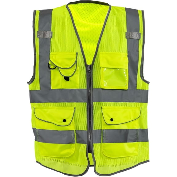 NEIKO Safety Vest with Pockets, 9 Pocket, High Visibility Vest, Reflective Strips, Zipper Front, Reflective Vest For Men & Women, Work Vest, Security Vest, Hi Vis Mesh Neon Yellow Vest  Large 54061A
