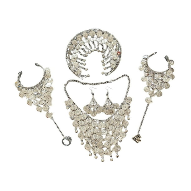 Conjunto de 4 piezas de joyería para mujer, conjunto de joyería de danza del vientre gitana para boda Pendientes de gancho