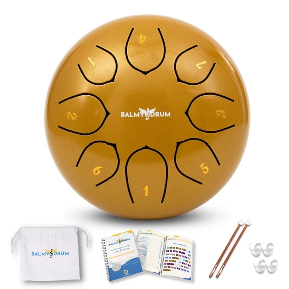 Balmy Drum Steel Tongue Drum 6 inch 8 Notes 440Hz, Handpan Drum with Music Book, Mallets, Carry Bag, Finger Picks, Rain Drum for Outdoor, Meditation Yoga Calming Instruments for Adults Kids (Gold)