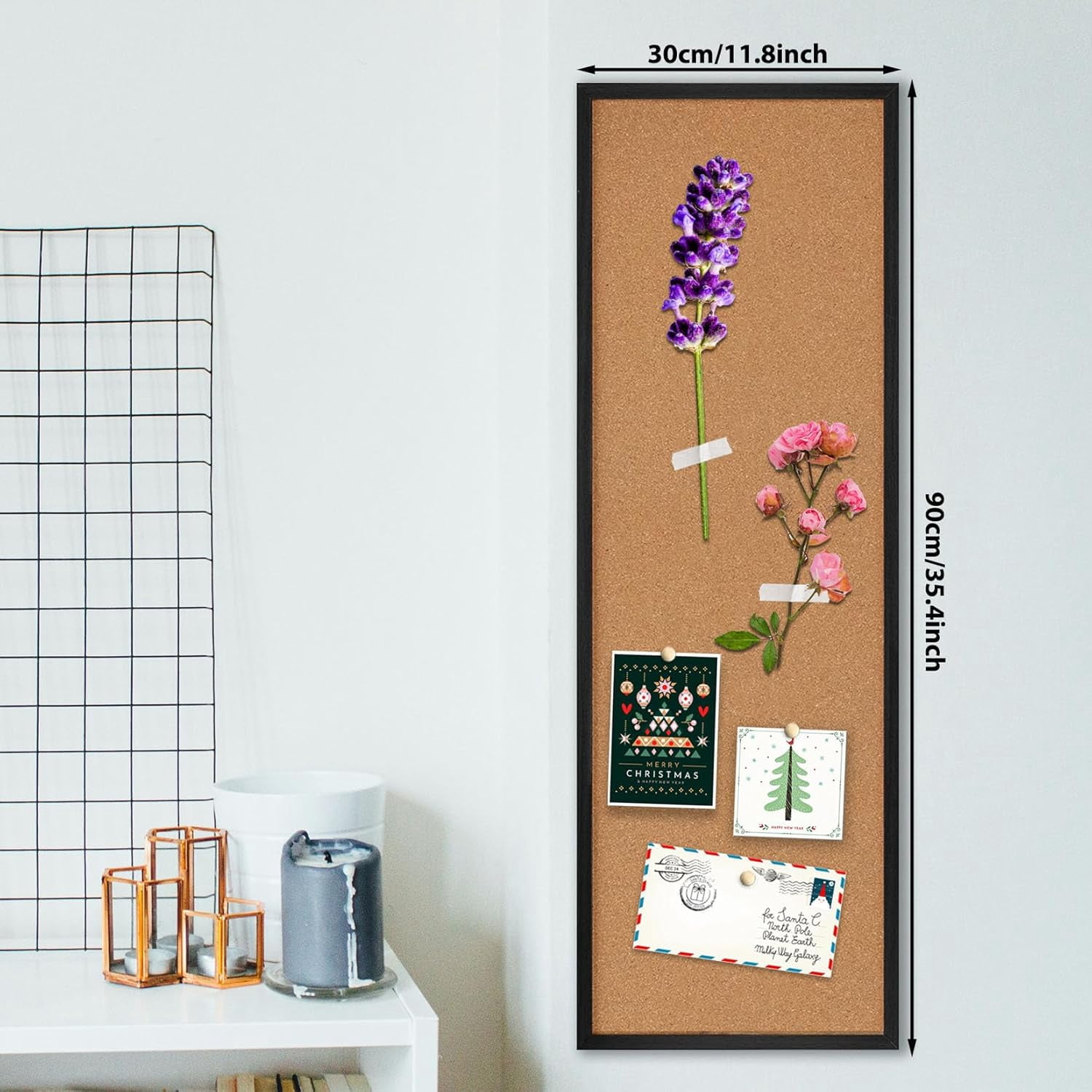 Cork Board Bulletin Board, Corkboard for Walls with Black Frame, Large Wall Mounted Installation Kit,11.8" x 35.4" Pin Tackboard Home,Office, School (RMB-BK-3090)