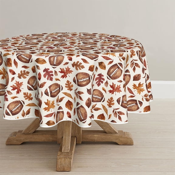 Fall Tablecloth 60×60 Inch Round, Thanksgiving Autumn Harvest Brown Leaves Football Table Cover for Party Picnic Dinner Decor
