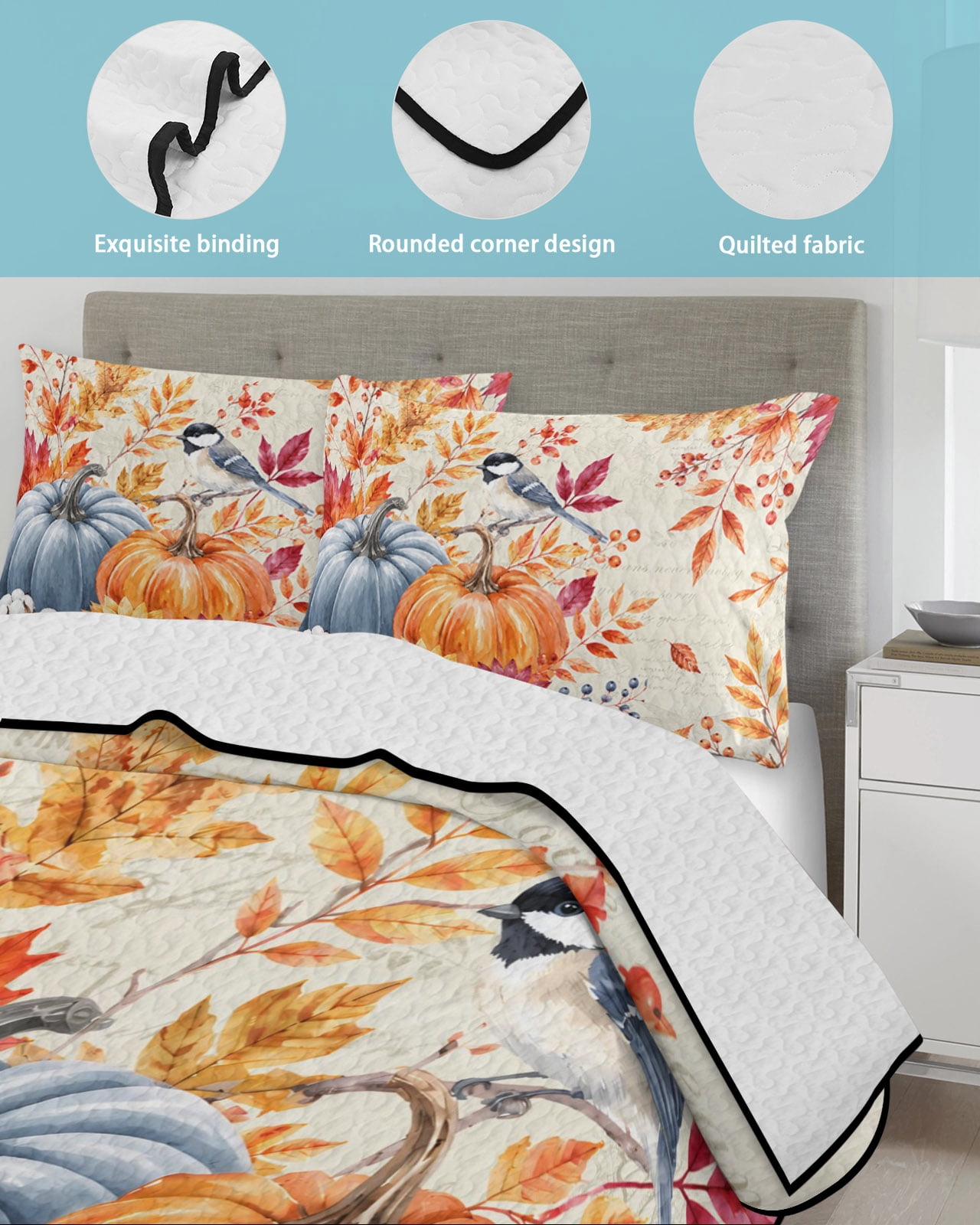 Fall Quilts Bedding Set King Size Harvest Orange Blue Pumpkins Maple Leaf Sunflower Bird Retro Lightweight Quilted Bedspread 3 Piece Bed Quilt with 2 Pillow Shams All Season for Bedroom 90" x 96"