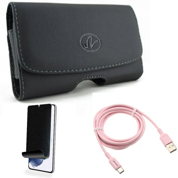 For Samsung Galaxy S21 (6.2") - Swivel Leather Case Belt Clip   [Fingerprint Works] TPU Film Privacy Screen Protector   Charger Cord Pink 6ft USB-C Cable