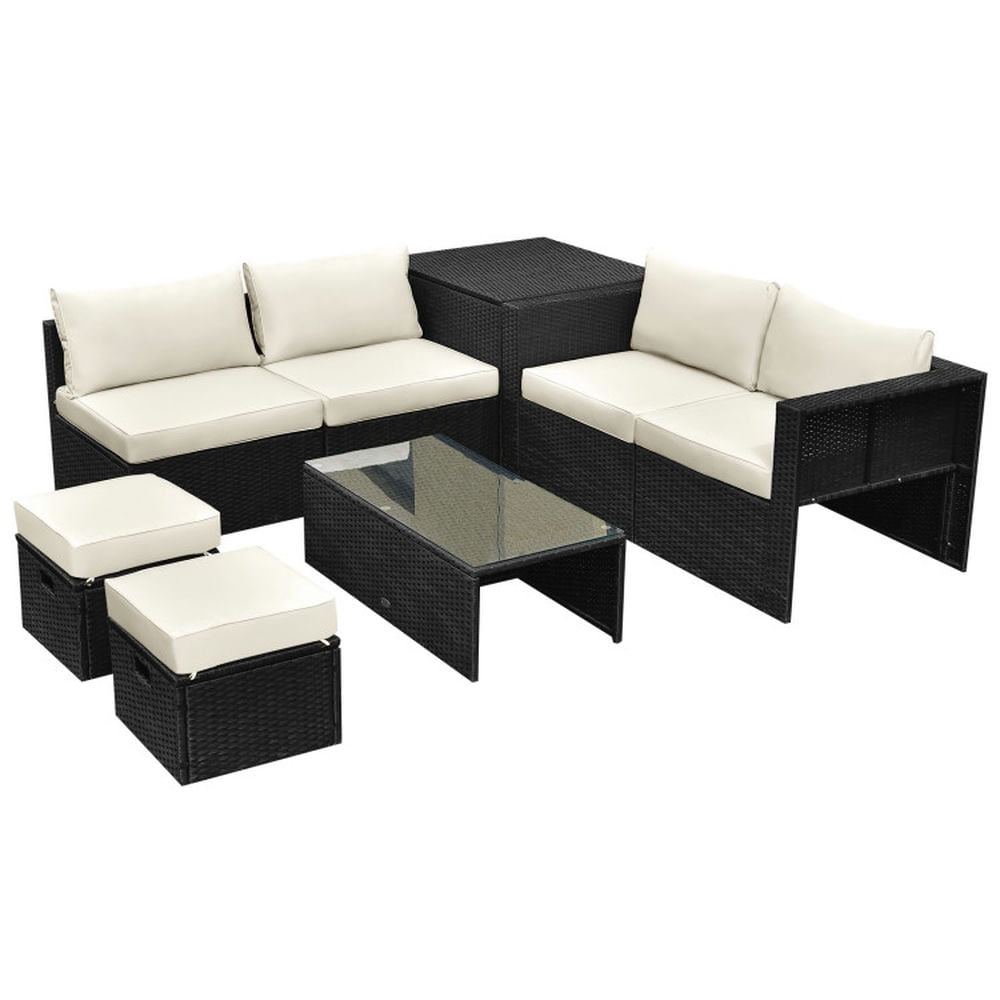GVN Outdoor Furniture Sets, Outdoor Conversation Set,8 Pieces Patio Rattan Storage Table Furniture Set-Off White
