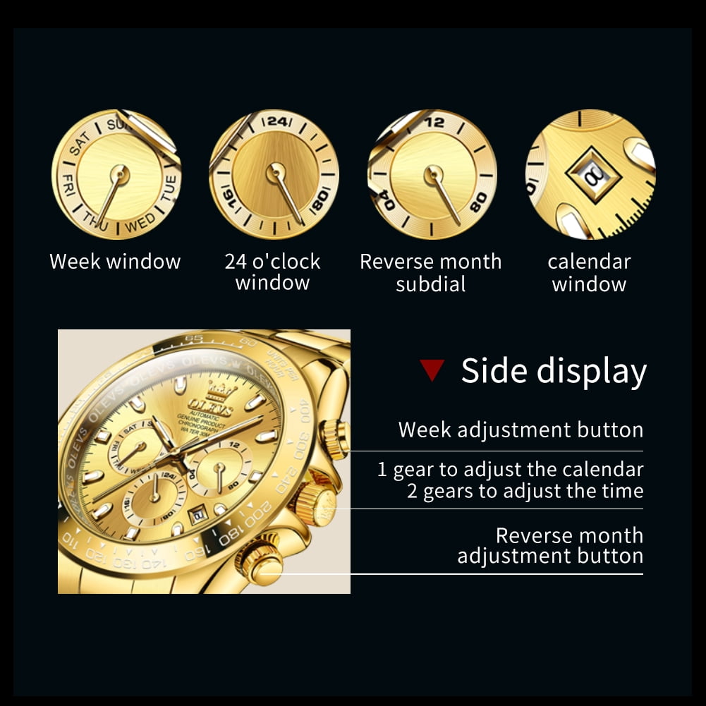 OLEVS Automatic Watches for Men Self Winding Chronograph Mechanical Luxury Dress Stainless Steel Calendar Date Waterproof Luminous Mens Wrist Watches Gift Reloj Para Hombre Gold/Black/Blue/Green Dial