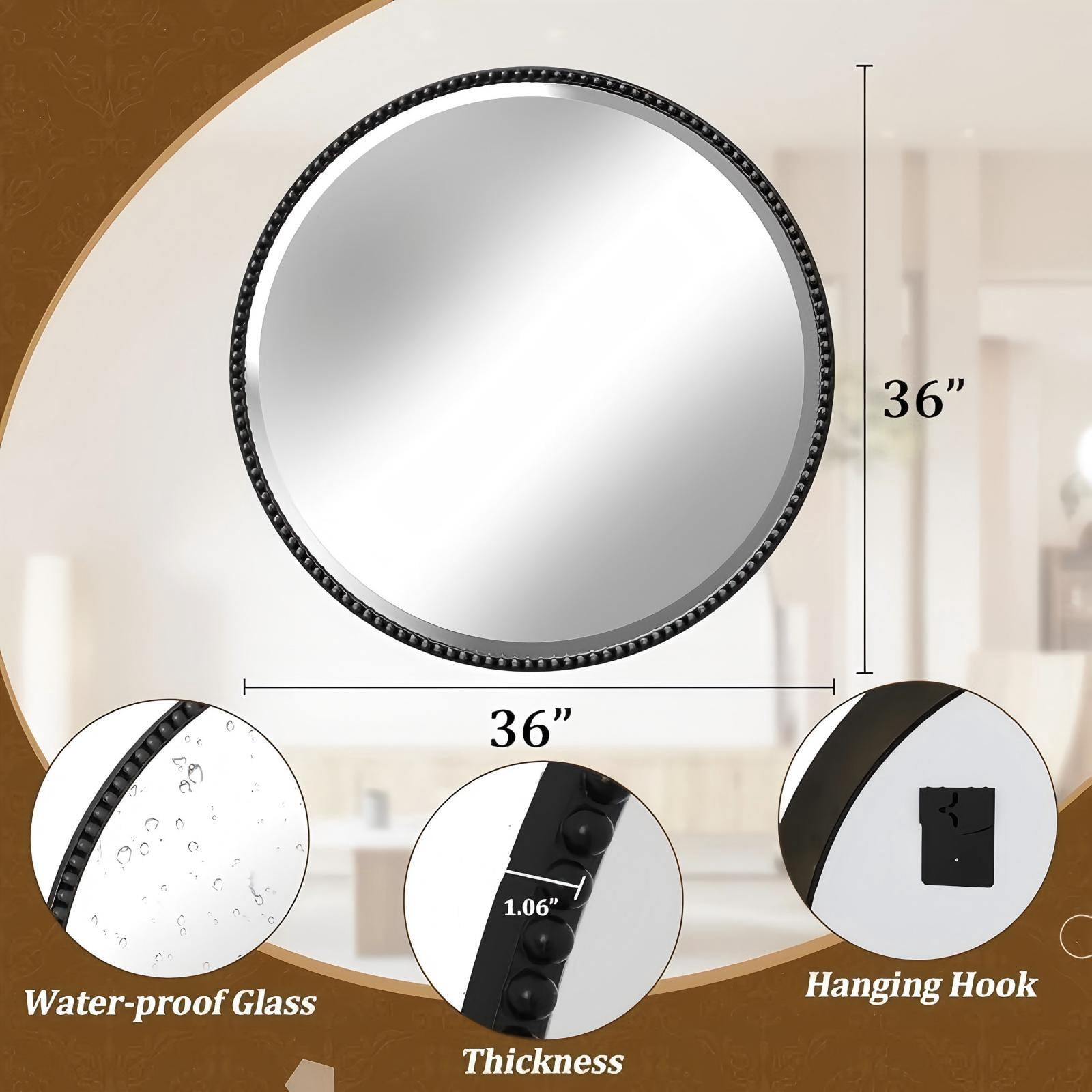 Mirrasia 36" Round Wall Mirror Decoration Hanging Mirror With Beaded Frame,Black