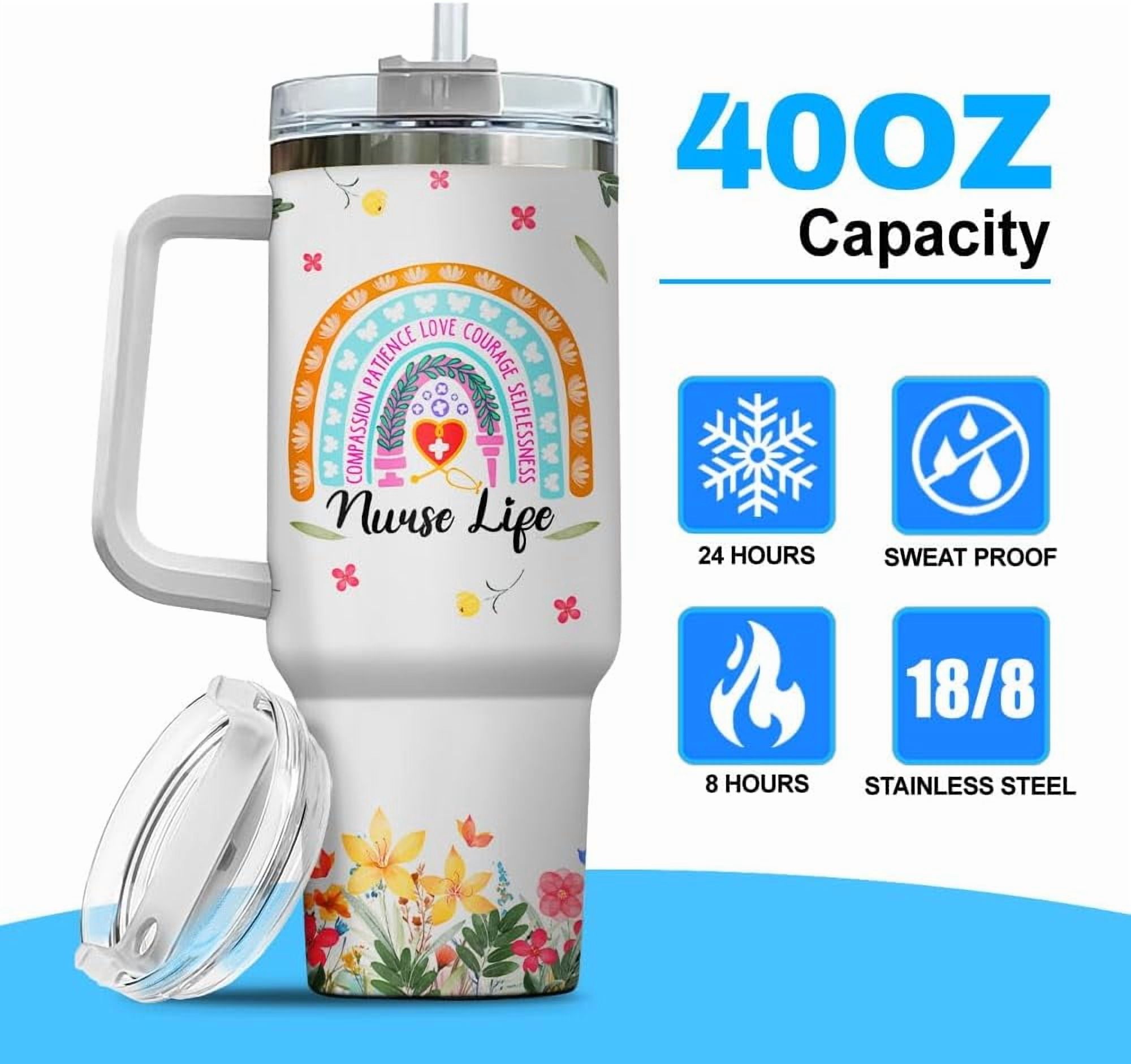 Nurse Gifts, Tumbler 40 Oz With Handle Lid And Straw, Nurse Rainbow Color, Engraved Nursing Cups Straws Funny Cup Nurses Tumblers Flower Handle Student Travel Coffee Week Er