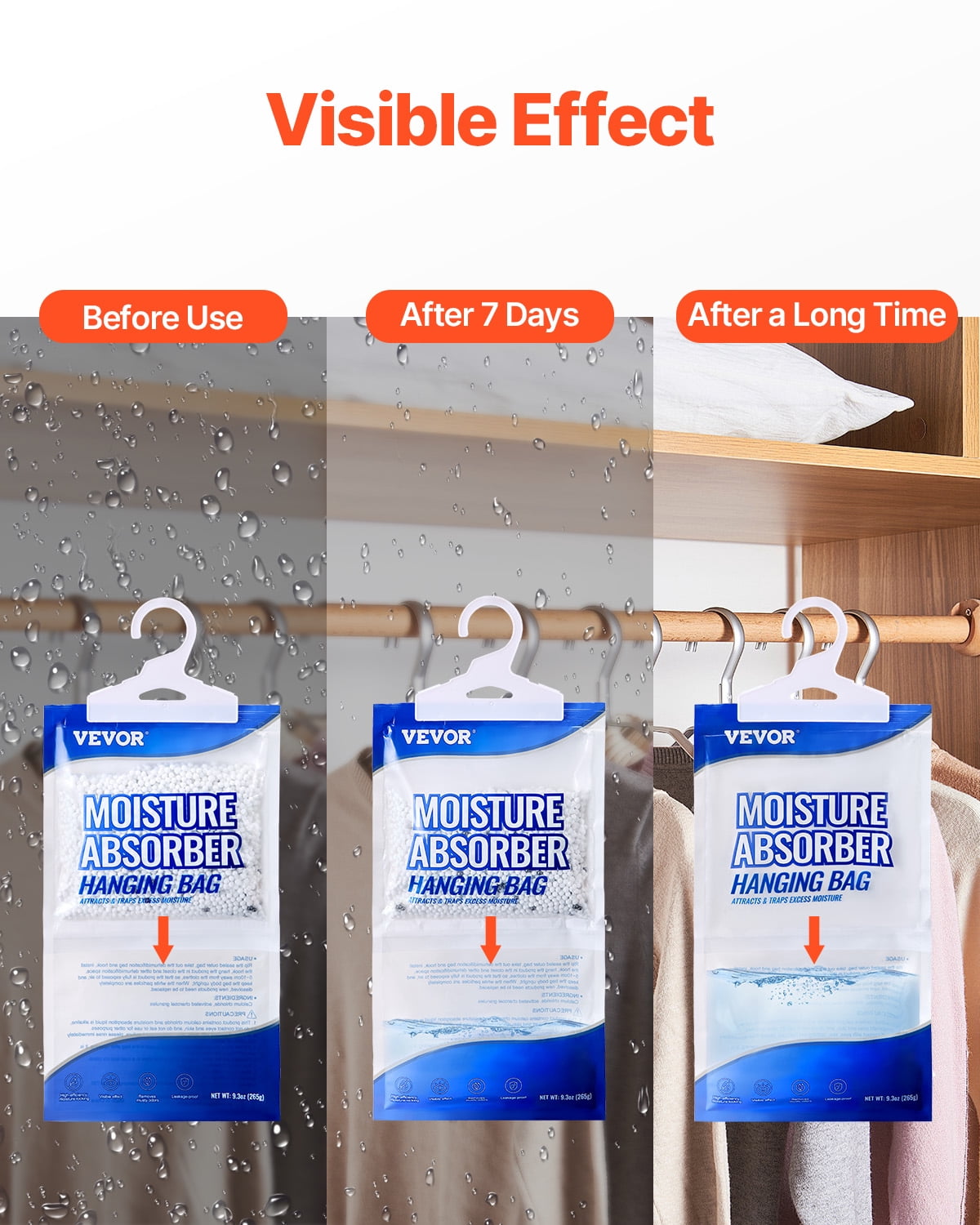 VEVOR Hanging Moisture Absorber, 9.3 oz Hanging Closet Dehumidifier Bags(10 Packs), Fragrance Free Moisture Bags in Wardrobes, Bedrooms, Bathrooms