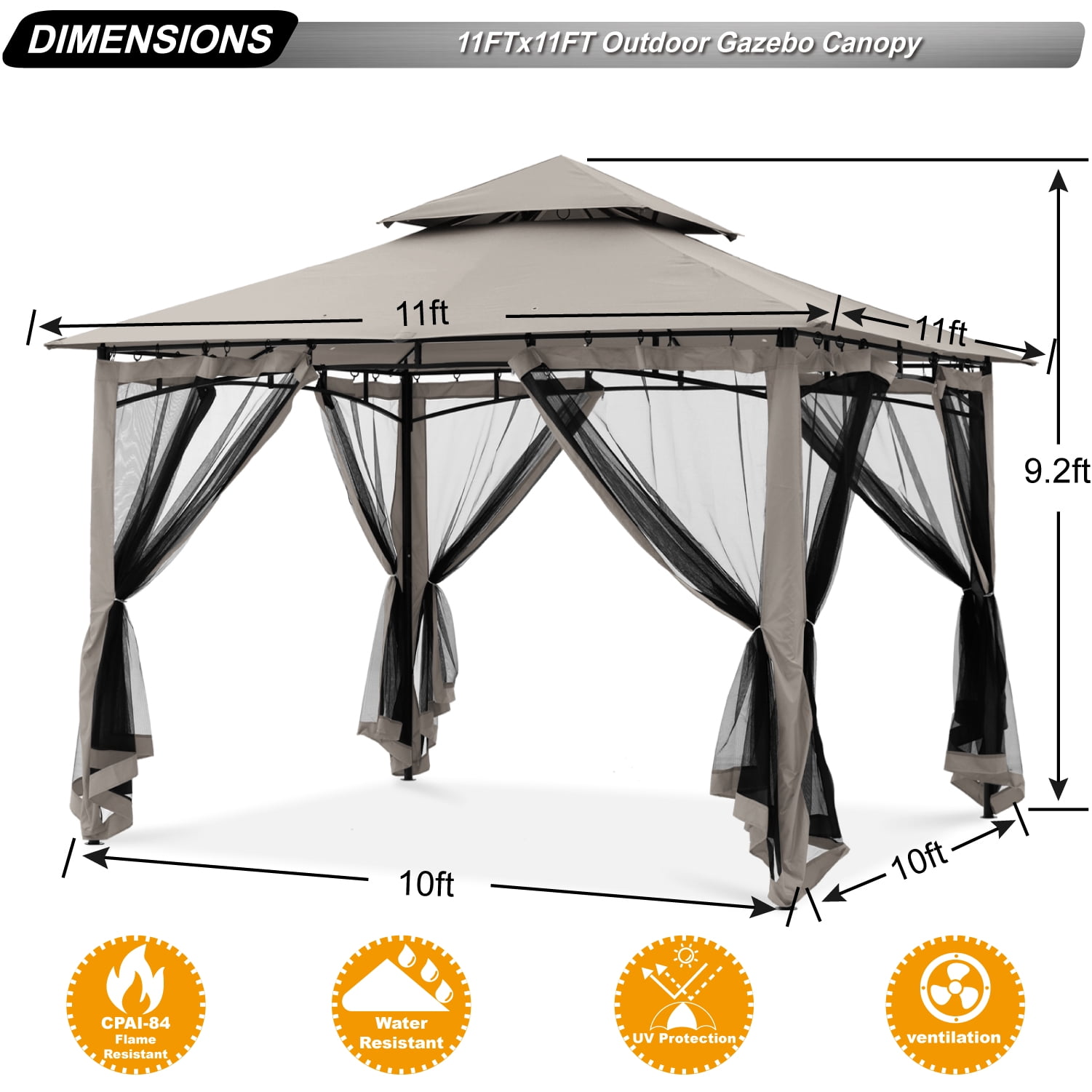 ABCCANOPY 11'x11' Outdoor Gazebo, Waterproof, Mosquito ABCCANOPY 11'x11' Outdoor Gazebo, Waterproof, Mosquito