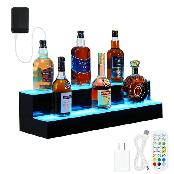 2-Tier 24 Inch Corner Wine Cabinet with LED Lighting, Remote Control and Timer Function, for Wine Display in Restaurants, Bars and Tasting Rooms