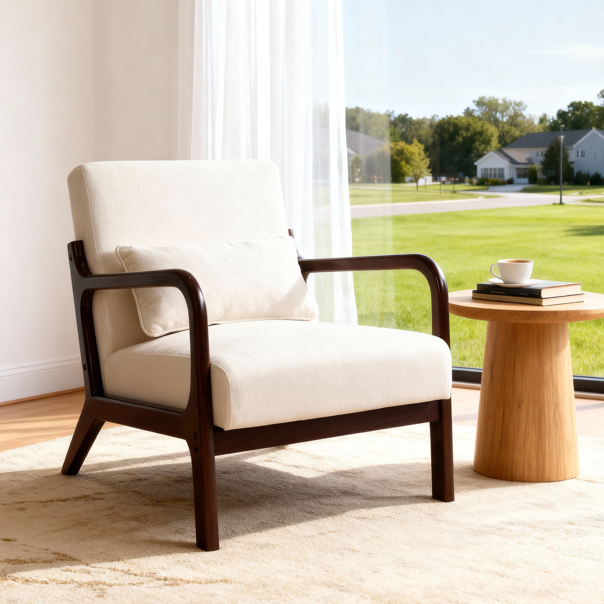 PORKISS Accent Chair Mid Century Modern Arm Chair with Wood Frame and Pillow, Corduroy Reading Armchair for Bedroom Living Room Office, Beige + Brown