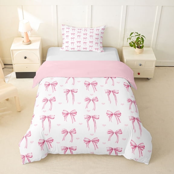 Erosebridal Kawaii Pink Bow Twin Bedding For Kids,Girls Cartoon Love Heart Duvet Cover Set,Pink Reversible,2pcs,No Comforter