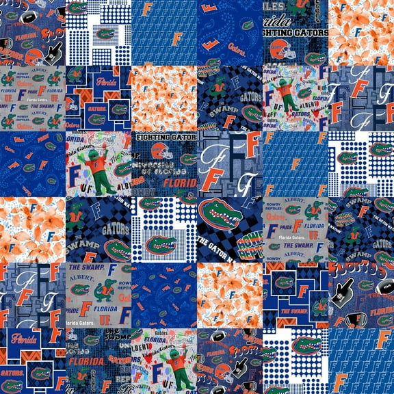 Official Licensed University of Florida Cheater Quilt Printed Cotton Fabric-Florida Gators Cotton Fabric with Patchwork Cheater Quilt Print-60” Width