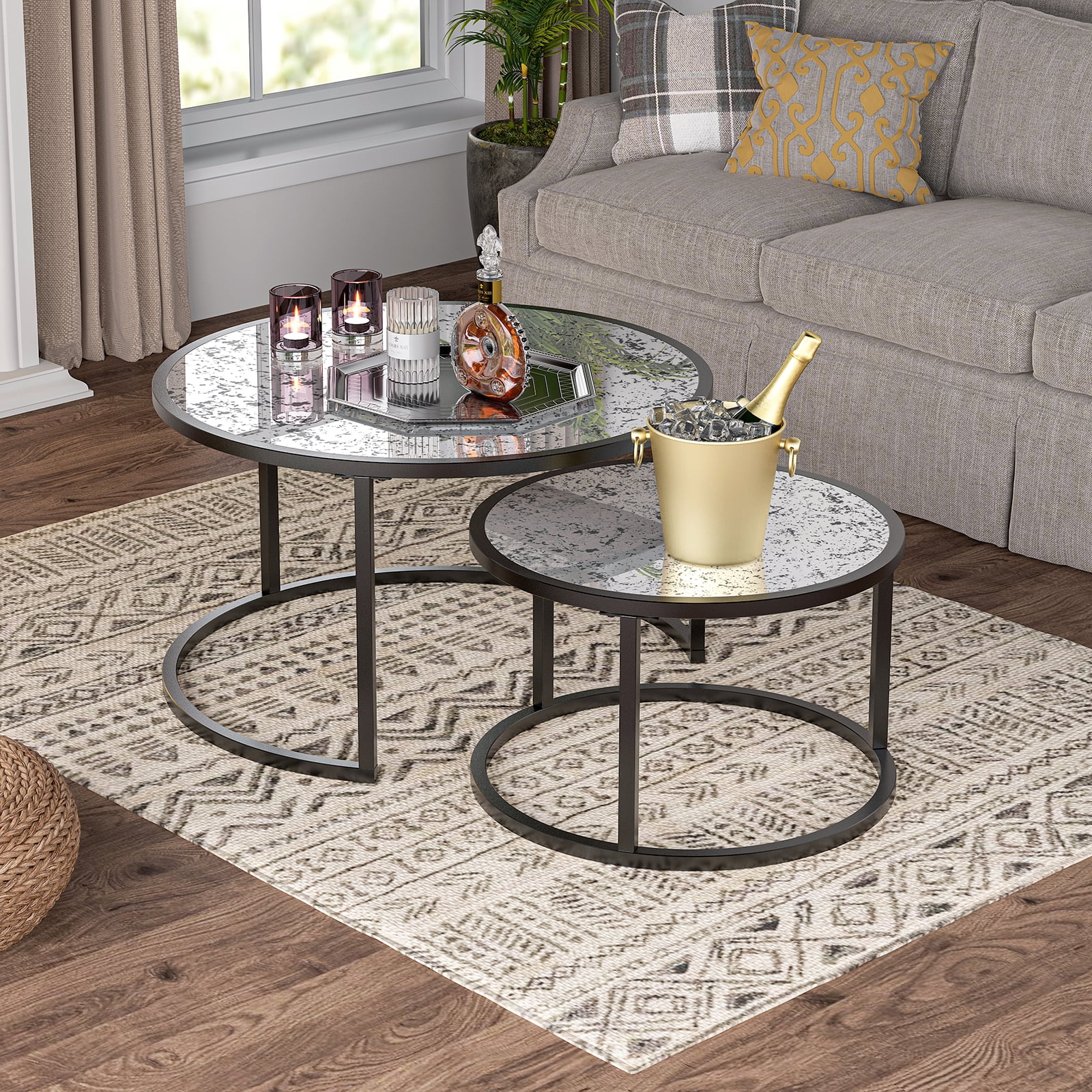 Smuxee Glass Nesting Coffee Table Set Wood End Table for Living Room