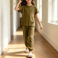 thumbnail image 5 of Bovxnpu Girls Sleepwear 2 Piece Loungewear Set Ribbed Short Sleeve Top and Elastic Cuffed Pants Loungewear Outfits Set, 5 of 7