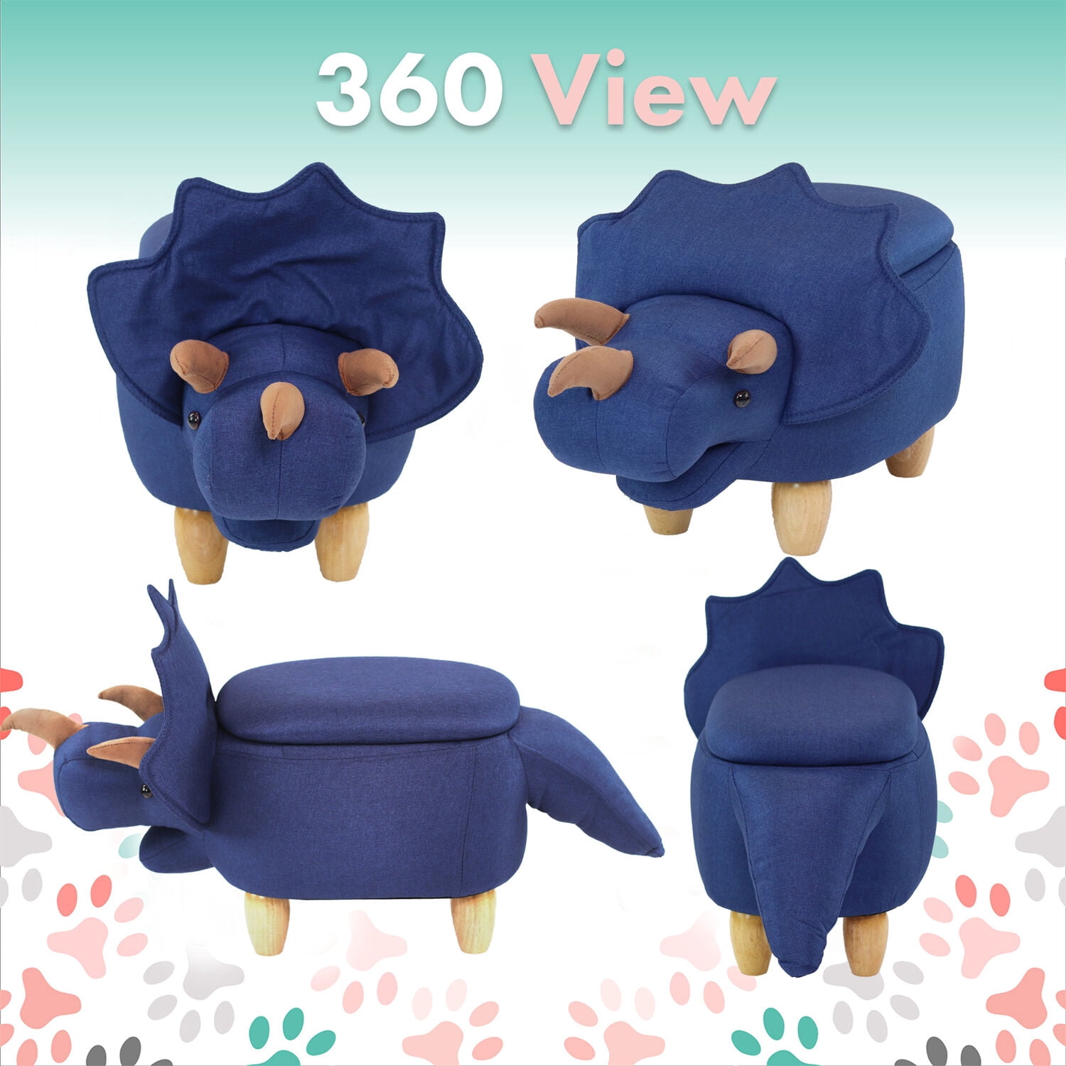 Critter Sitters 15-In. Seat Height Denim Blue Triceratops Dinosaur Animal-Shaped Storage Ottoman for Nursery, Bedroom, and Playroom