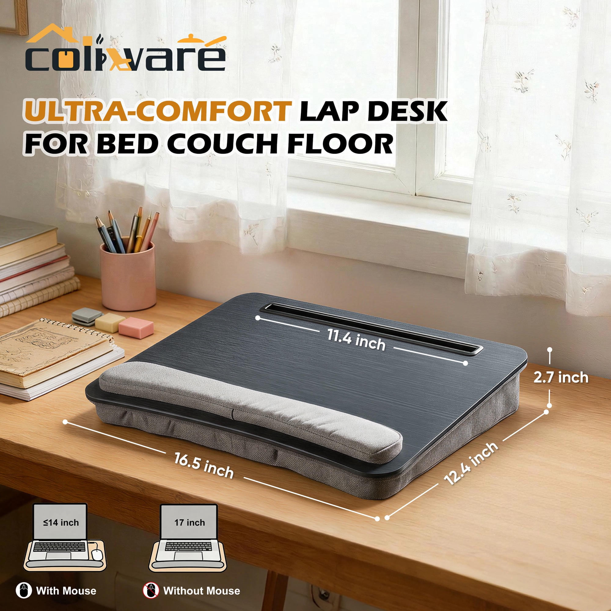 Coliware Lap Desk with Pillow Cushion, Portable Laptop Desk with Anti-Slip Strip Wrist Rest & Storage Function Fits Up to 15.6” Laptops, Laptop Stand for Home Office, Black Book Tablet