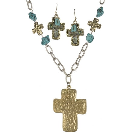 Hammered Cross Imitation Abalone and Blue Bead Necklace & Earring Set - Jewelry Nexus