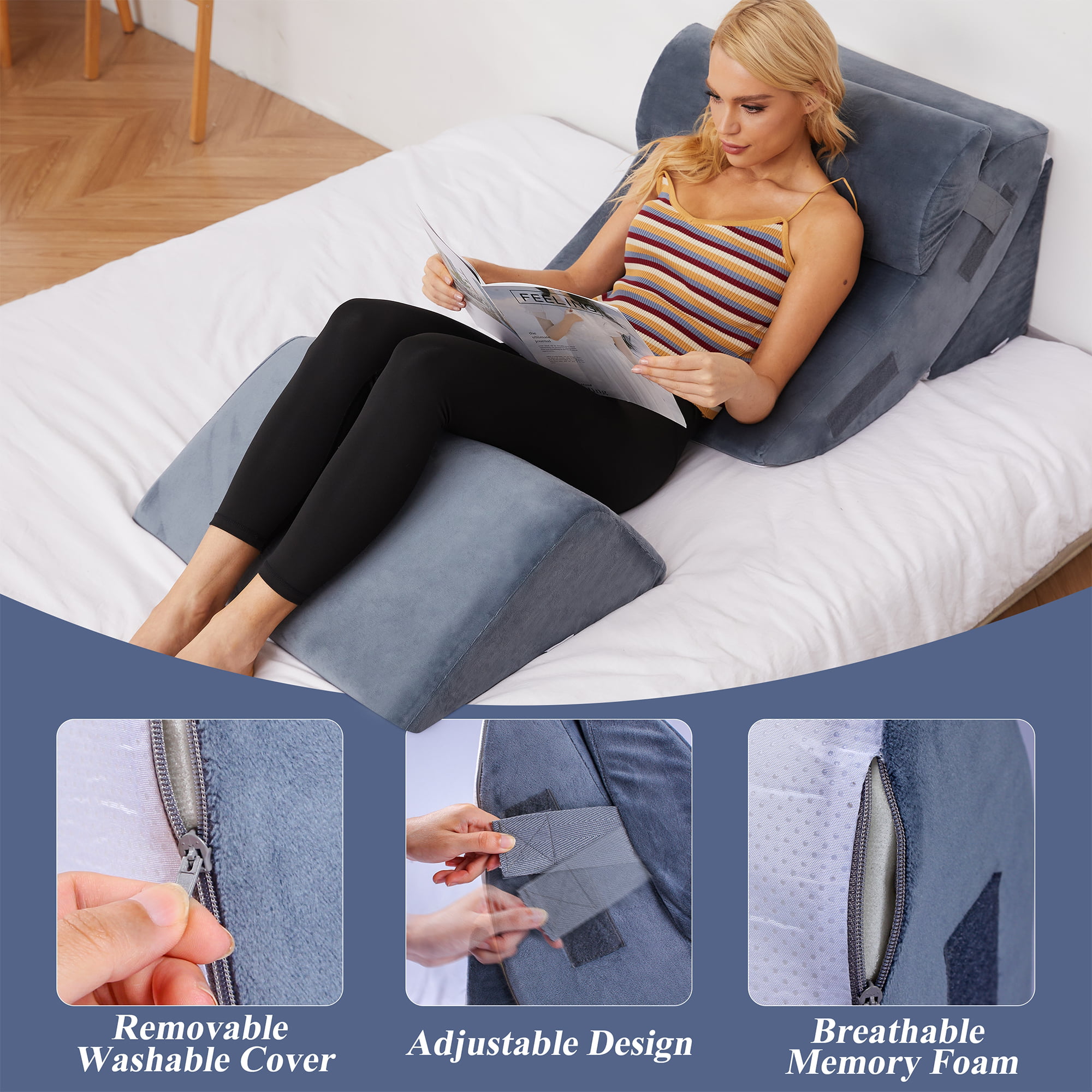 Bed Wedge Pillow Back Support Triangle Reading Pillow with Detachable Cover-Gray丨Costway