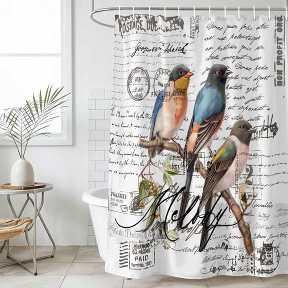 Country Birds Waterproof Fabric Shower Curtain,Envelope Postmark Farmhouse Botancial Waterproof Fabric Shower Curtain for Bathroom Curtains Bathtubs Hotel Shower Curtains with 12 Hooks Small 36x72in
