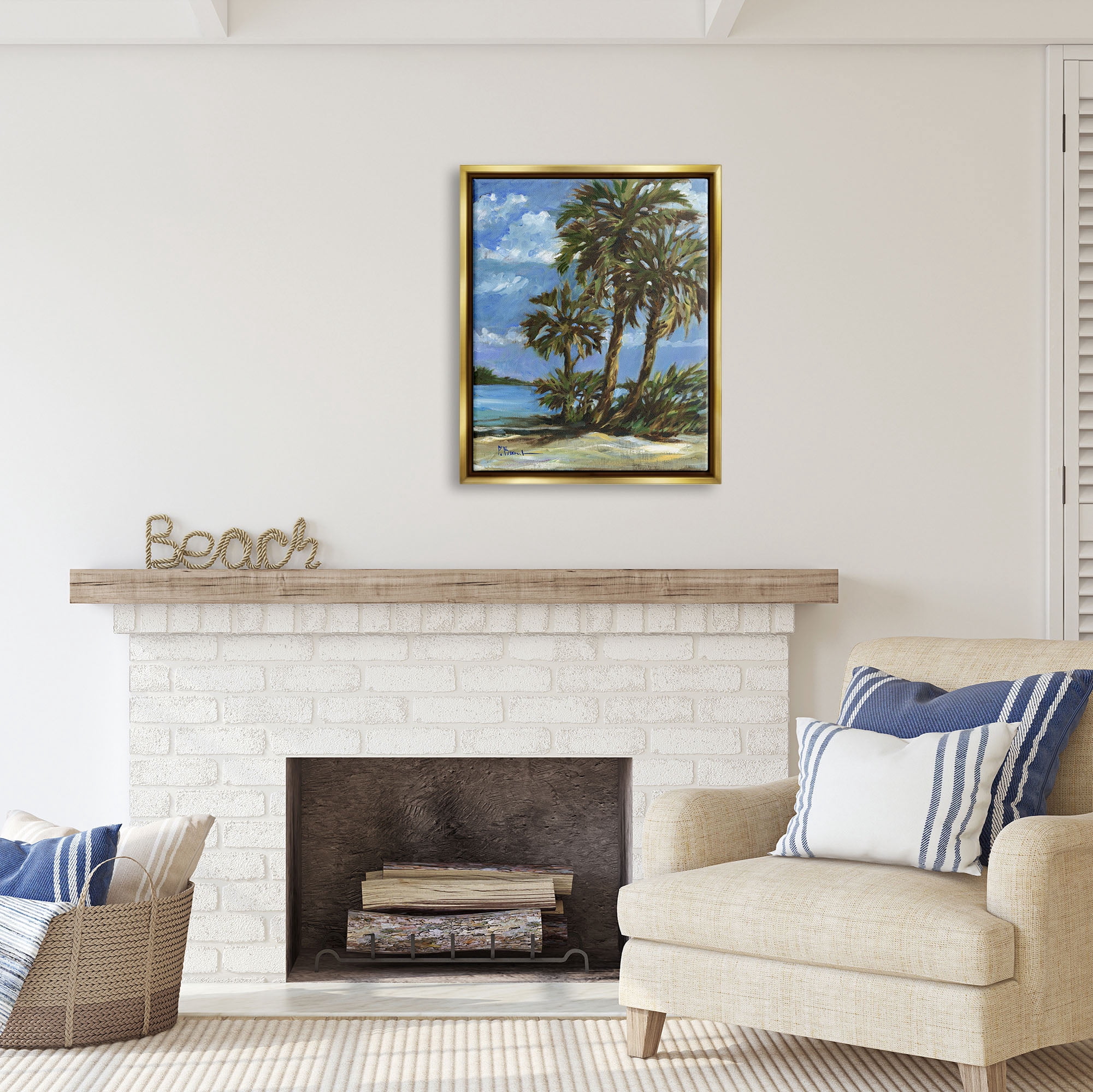 Stupell Industries Tropical Shoreline View Nature Painting Gold Floater Framed Art Print Wall Art, 25 x 31