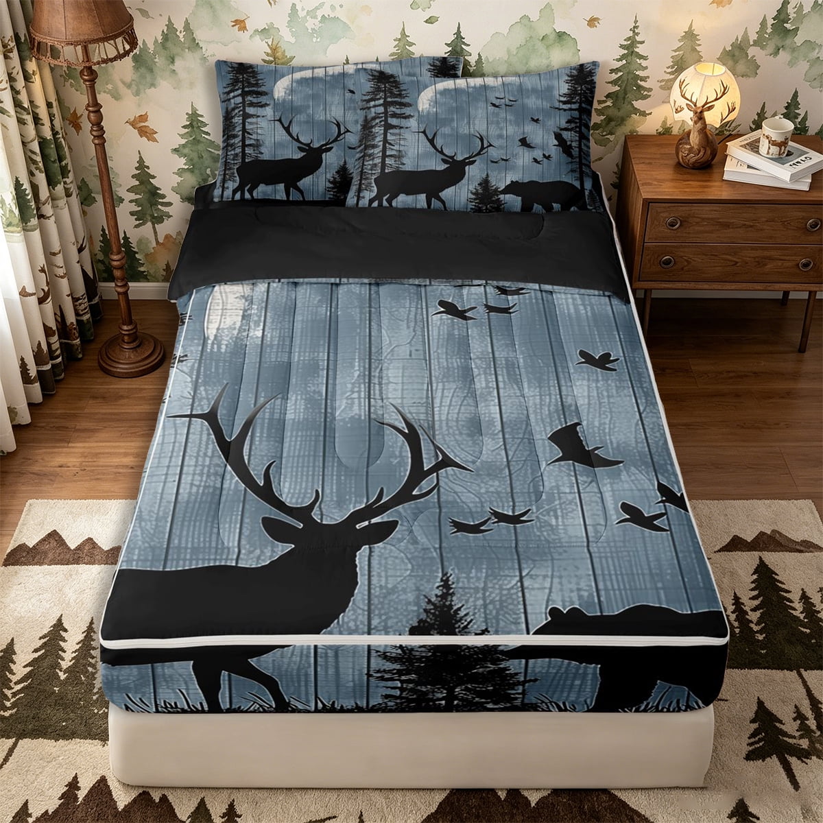 Castle Fairy Vintage Distressed Moon Elk Bear Zipper Twin Comforter Sets with Fitted Sheet and 2 Pillowcases Pine Bird Wood Grain Zipper Bedding Set Blue Off White Black Reversible 4-Piece