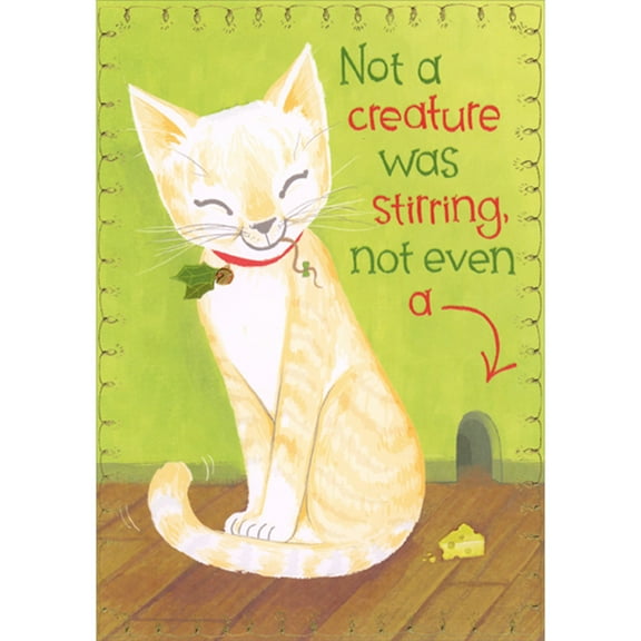 Designer Greetings Smiling Cat with Holly Collar Near Mouse Hole Funny / Humorous Christmas Card from the Cat