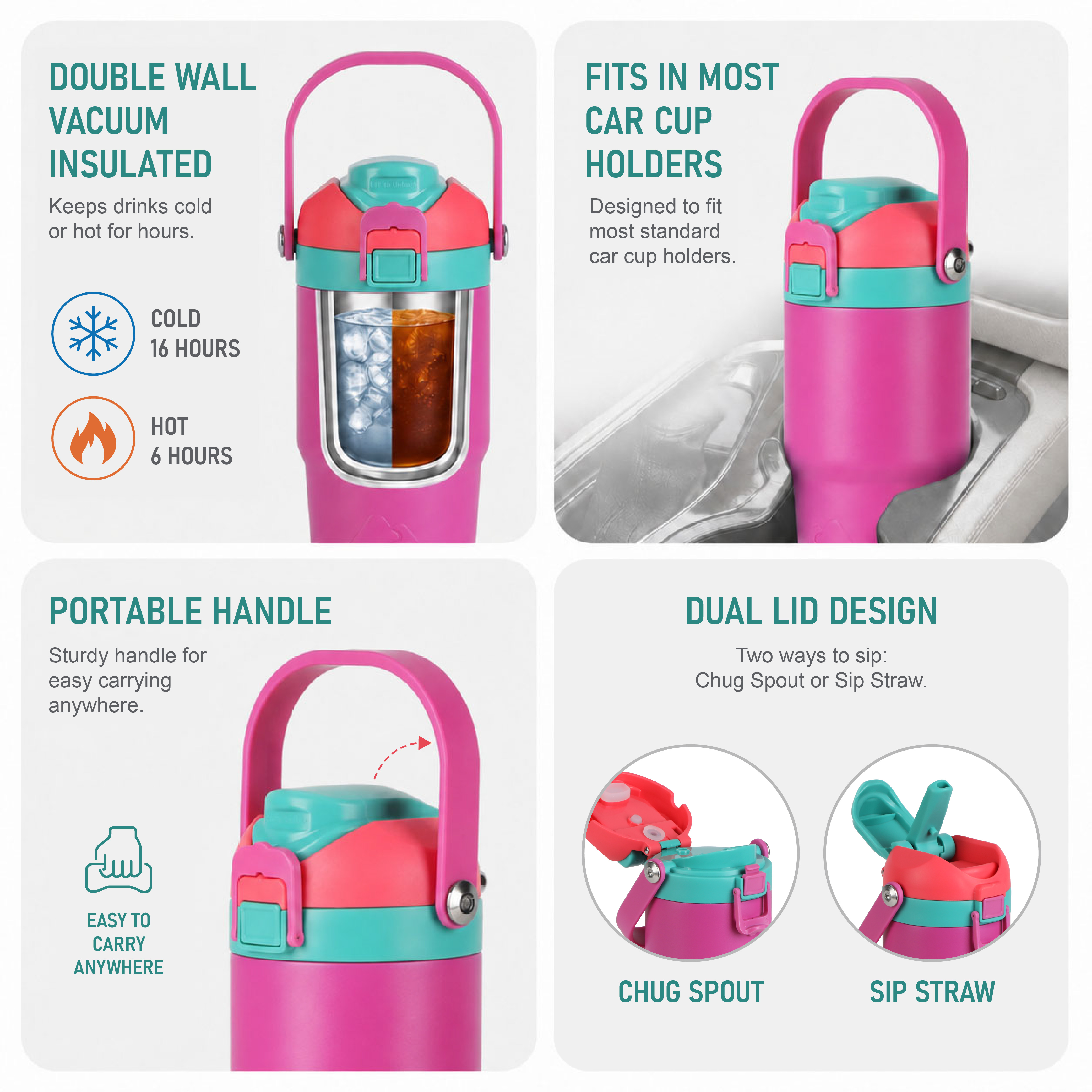 Vaso de acero inoxidable de doble pared al vacío de 18 oz con tapa dual para sorber y verter, rosa 4