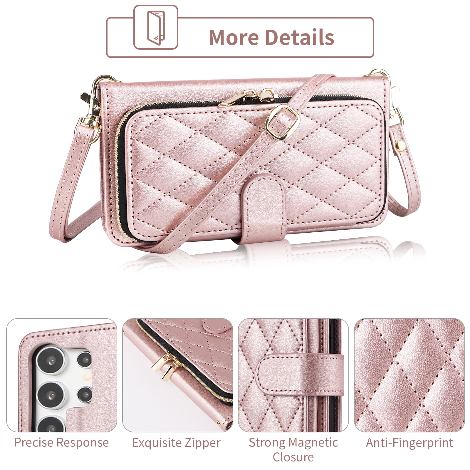 Furiet Wallet Case for Samsung Galaxy S23 Ultra 5G with Wrist Strap Shoulder Strap, Card Slots Zipper Purse, Luxury PU Leather Stand Phone Cover for S23Ultra 23S S 23 23Ultra 6.8 inch Women Rose Gold