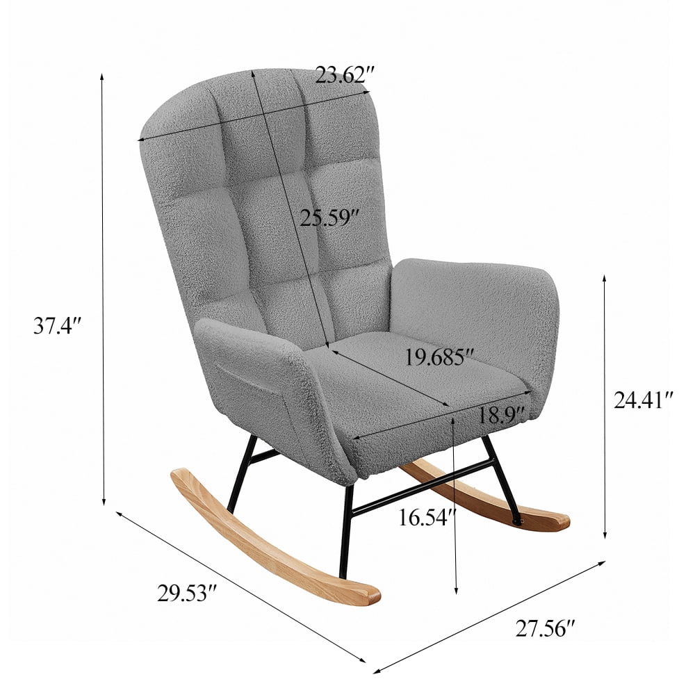 Kadyn Grey Teddy Fabric Rocking Chair, Rocking Chair Nursery for Living Room, Metal Accent Rocker with 2 Side Pockets