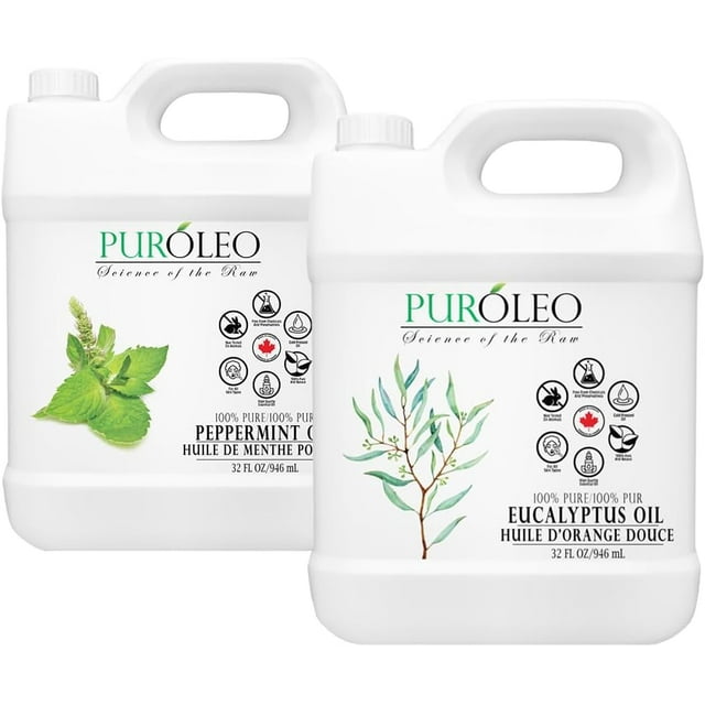 PUROLEO 100% Pure Eucalyptus & Peppermint Essential Oil Combo Pack - 32 fl oz/946 mL | Natural Aromatherapy Oil for Diffuser, Candles, and More | Packed In Canada