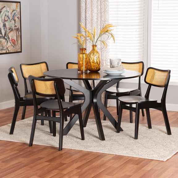 Baxton Studio Linnet Mid-Century Modern Dark Brown Finished Wood and Rattan 7-Piece Dining Set