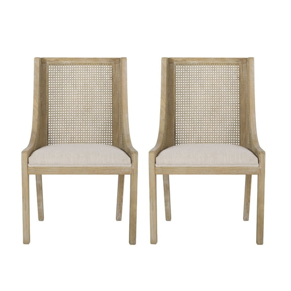 GDF Studio Wendell Rustic Fabric Upholstered Wood and Cane Dining Chairs, Set of 2, Beige and Natural
