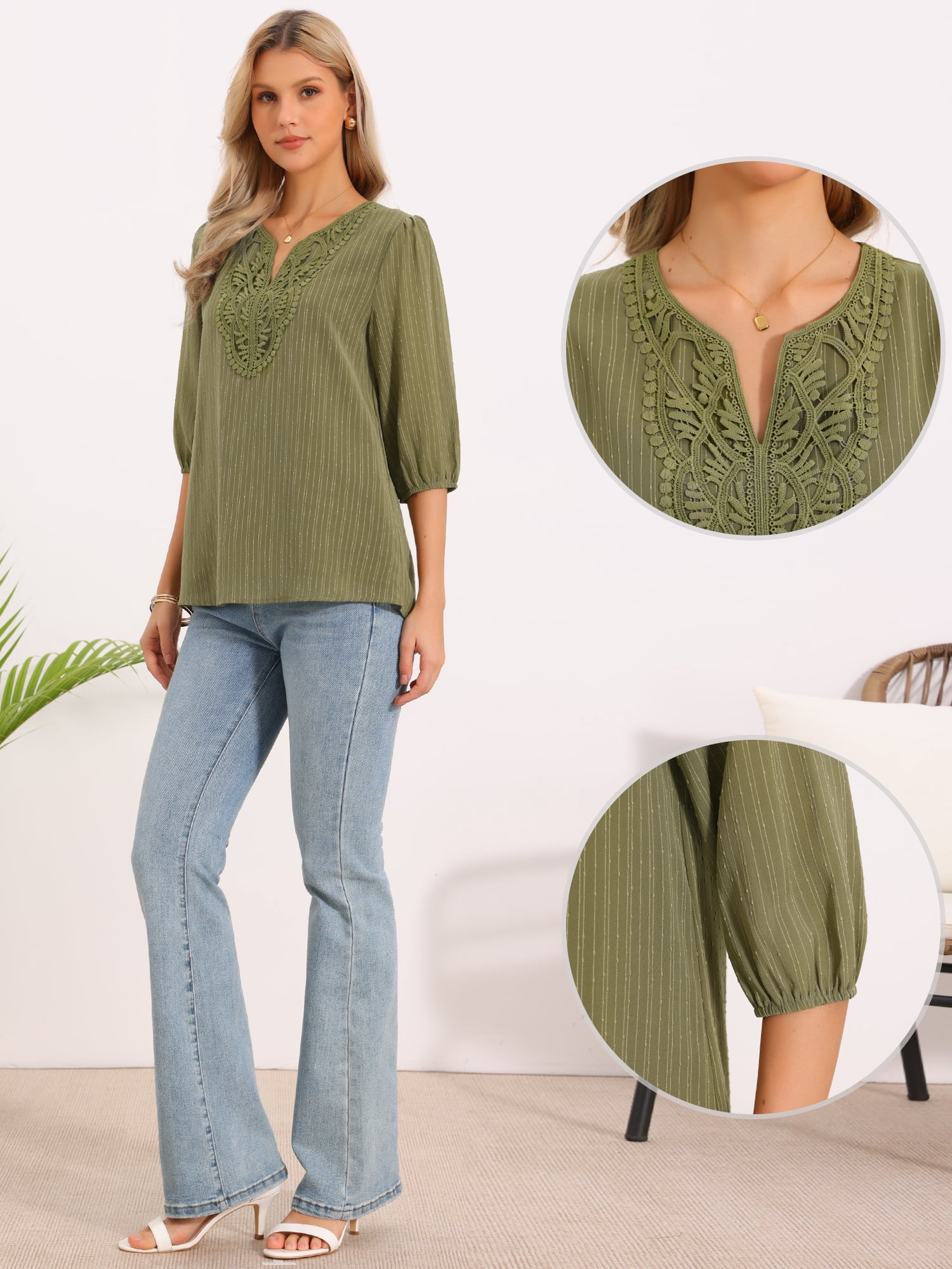 DARING DIVA Women's Chiffon Blouse Lantern Sleeve V Neck Embroidery Tunic XL Army Green