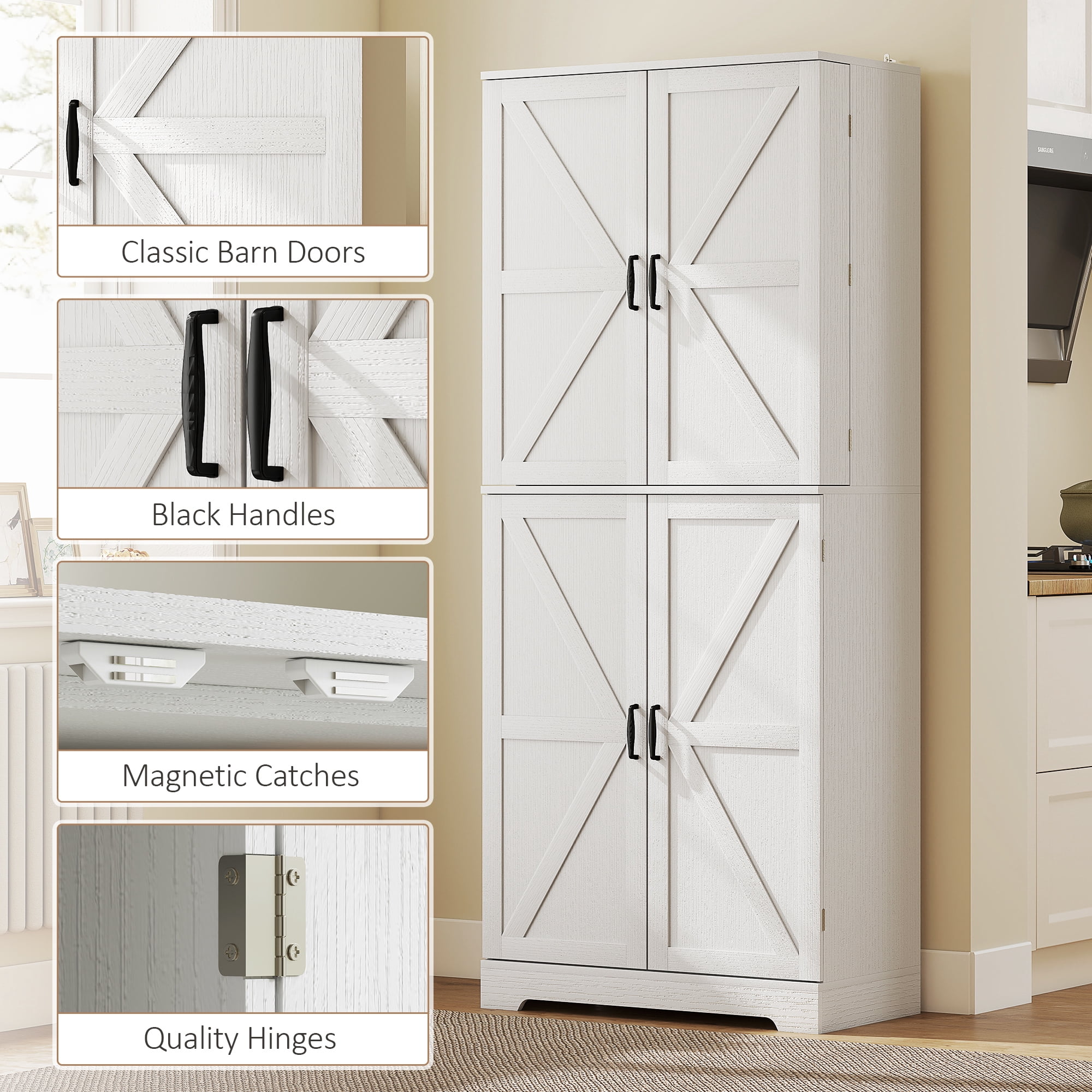HOMCOM 72" Farmhouse Kitchen Pantry Cabinet, Tall Storage Cabinet with 4 Barn Doors, 4 Adjustable Shelves, 8 Door Shelves, Embossed White Wood Grain