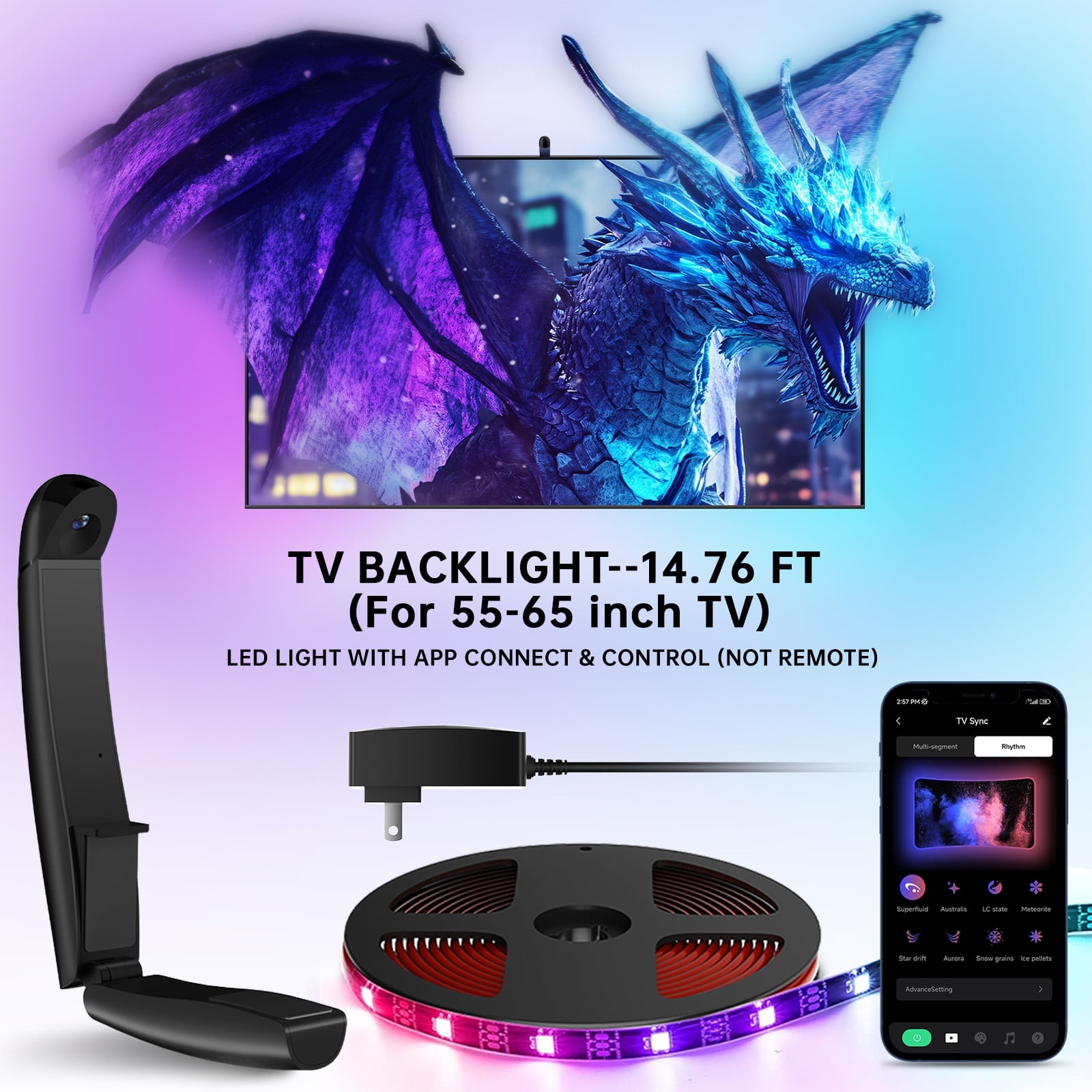 Froura TV LED Backlight,14.76Ft Cuttable Rgb LED Strip for 55-65 inch TVs and PC Monitors,Screen Sync Sensor,Smart App Control,Color Changing Lights that Sync with TV for Gaming,Music,Movies