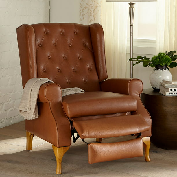 Brylanehome Oversized Queen Anne Style, Brown Leather Wingback Recliner Chair