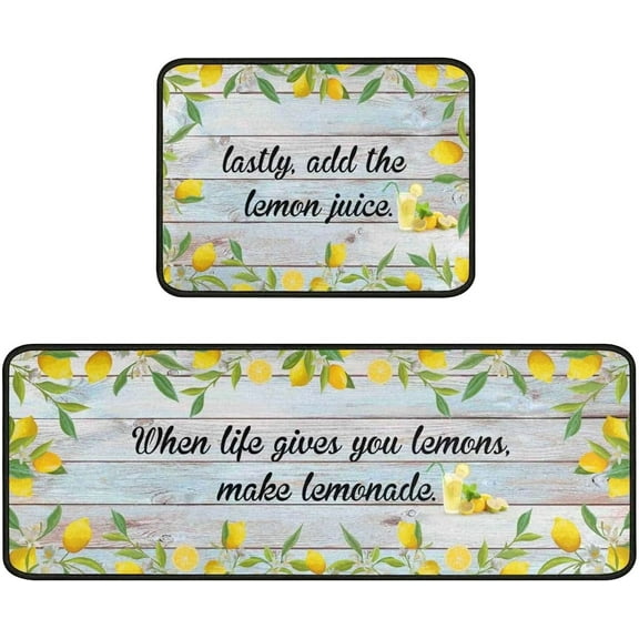 Lemon Kitchen Rug Decor Set of 2, Washable Microfiber Running Rugs Lemon Decoration Mats 17"x 47" 17"x 23" (Light Blue)