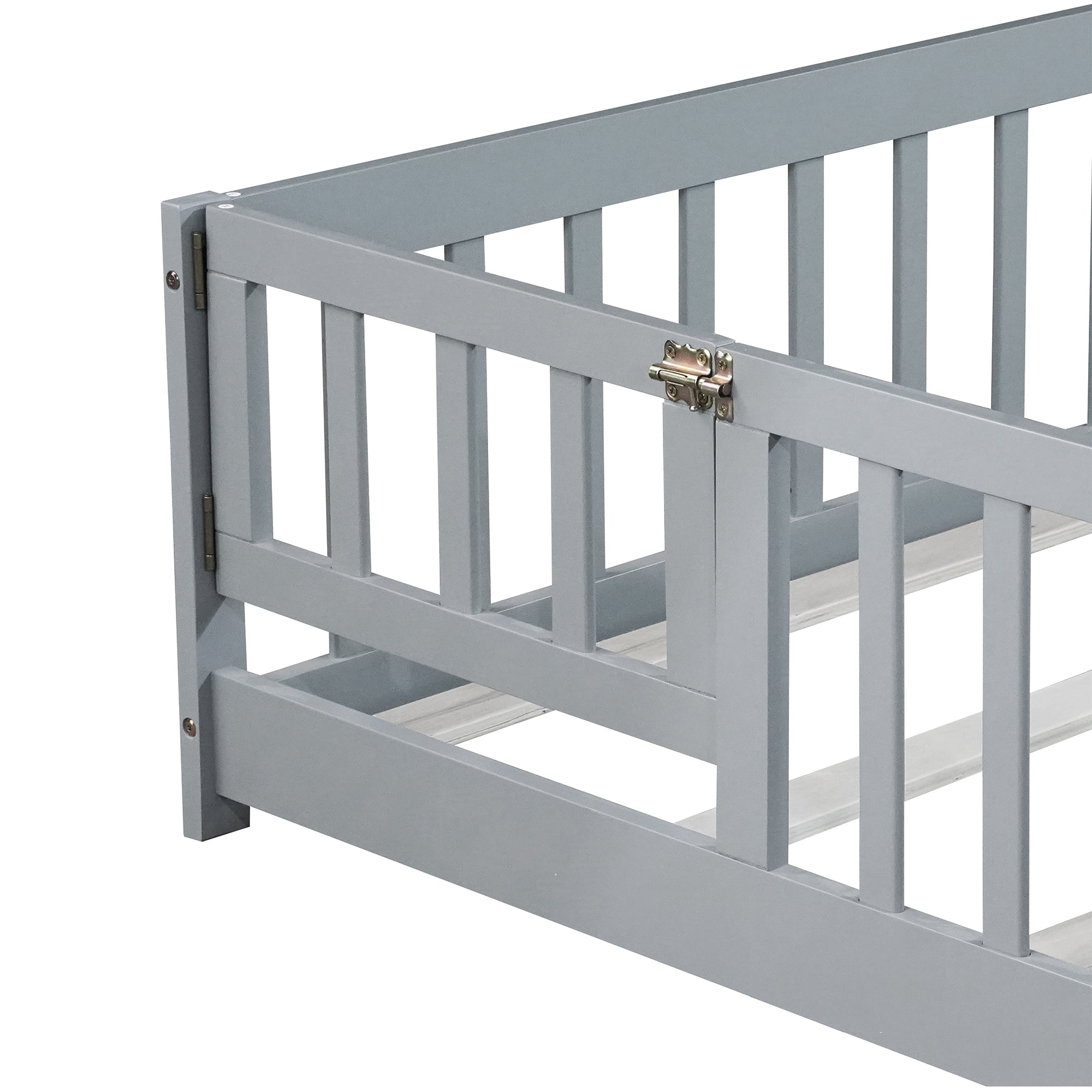 Alvantor Full Size Floor Bed for Toddler, Solid Wood Floor Bed with Door and Fence Guardrail, Montessori Floor Bed for Boys, Girls, Gray