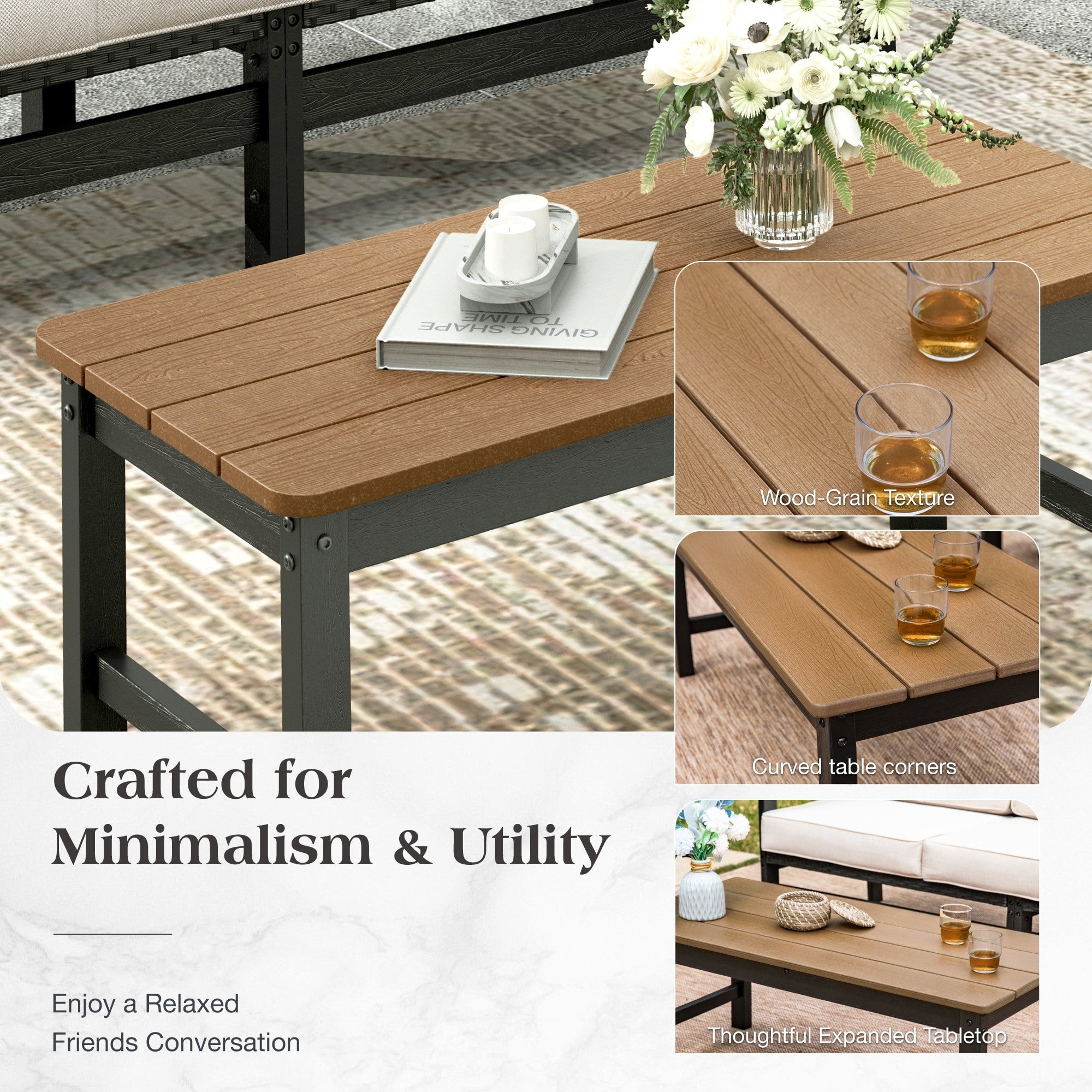 Sophia & William 4 Pieces HDPE Outdoor Patio Furniture Set 5-Seat All-Weather Cushioned Conversation Set with Wicker Chairs & Wood-grain Coffee Table