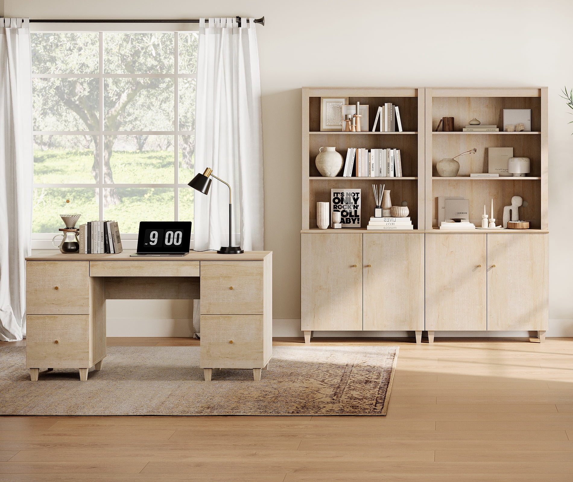 WAMPAT Home Office Furniture Set, 58" Executive Desk with Charging Station and Drawers, 2-Column 71" Tall Bookcase with Doors and Adjustable Shelves for Living Room,Natural Oak