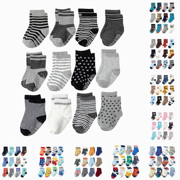 CAUYDY 5 6 7 Years Kids Boys Cute Socks Set 12PC Children Grip Crew Socks Spring Summer Fall Winter Sizes 5-7 Years