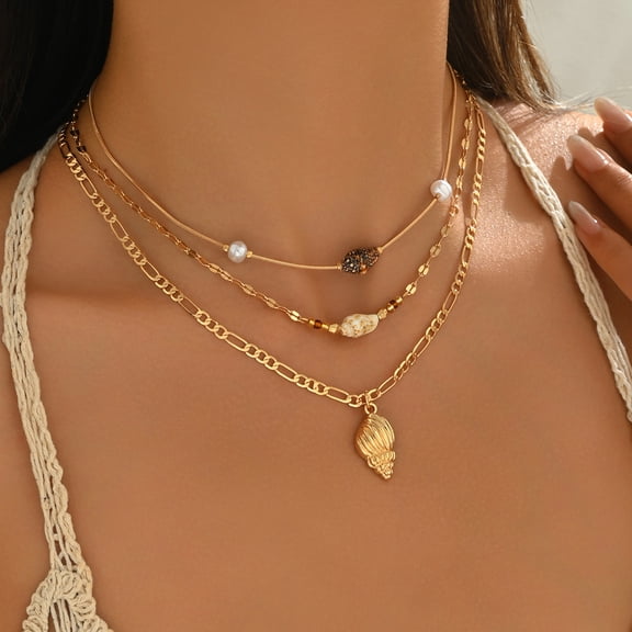 NICKSUN Bohemian Metal Shell And Starfish Pendant Necklace Set, Imitation Pearl Bead Necklace, Beach Resort Necklace Set
