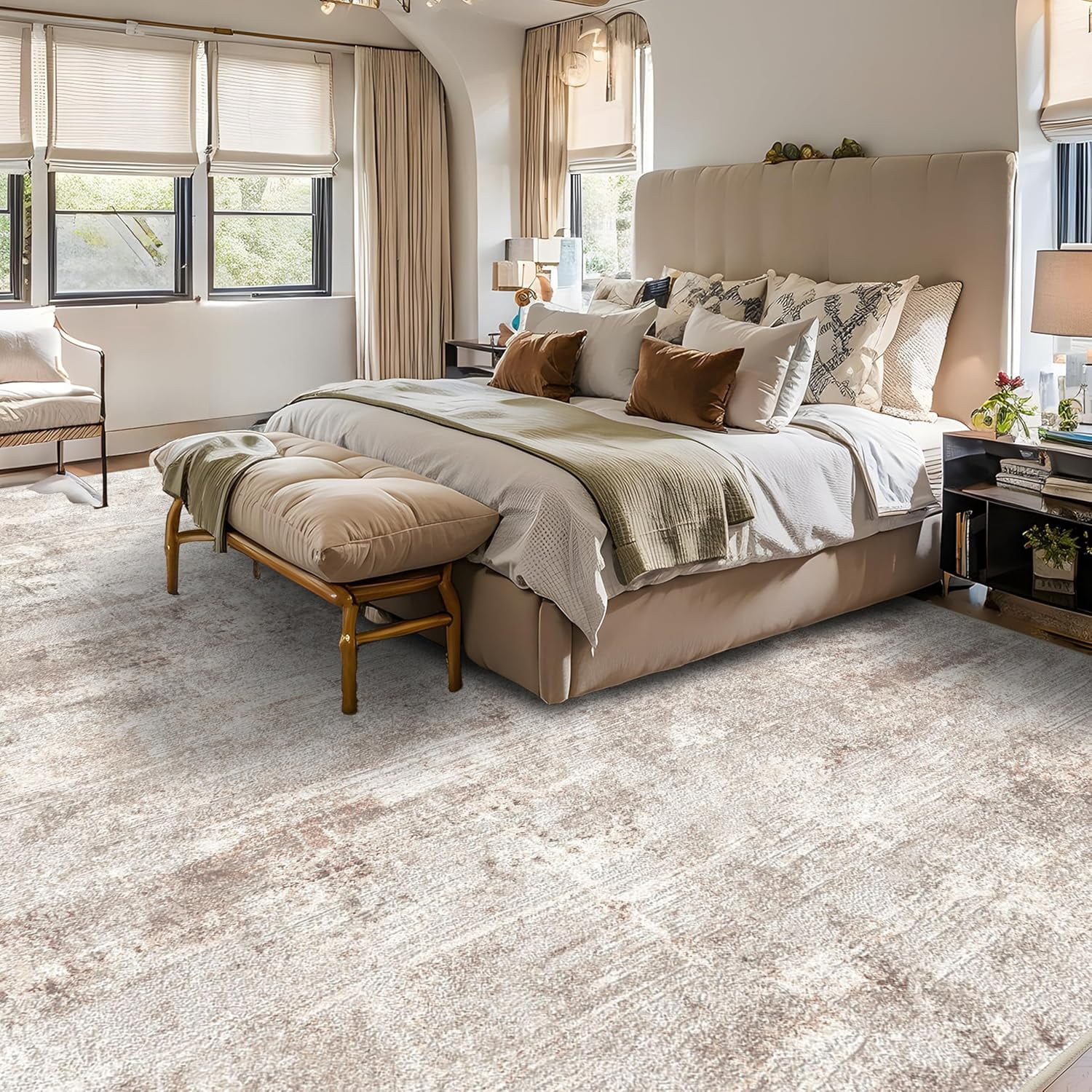 YOUFORTONG 10x14 Abstract Area Rug, Large Washable Indoor Rug, Non-Slip Stain Resistant Distressed Soft Carpet for Living Room Bedroom Farmhouse,Brown