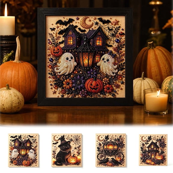 AZXY Halloween Diamond Art Kit for Adults & Beginners, Vintage Carriage Raven DIY Rhinestone Art Craft, Halloween Indoor Decor Tabletop Wall Art Halloween Decorations Gothic Home Decor