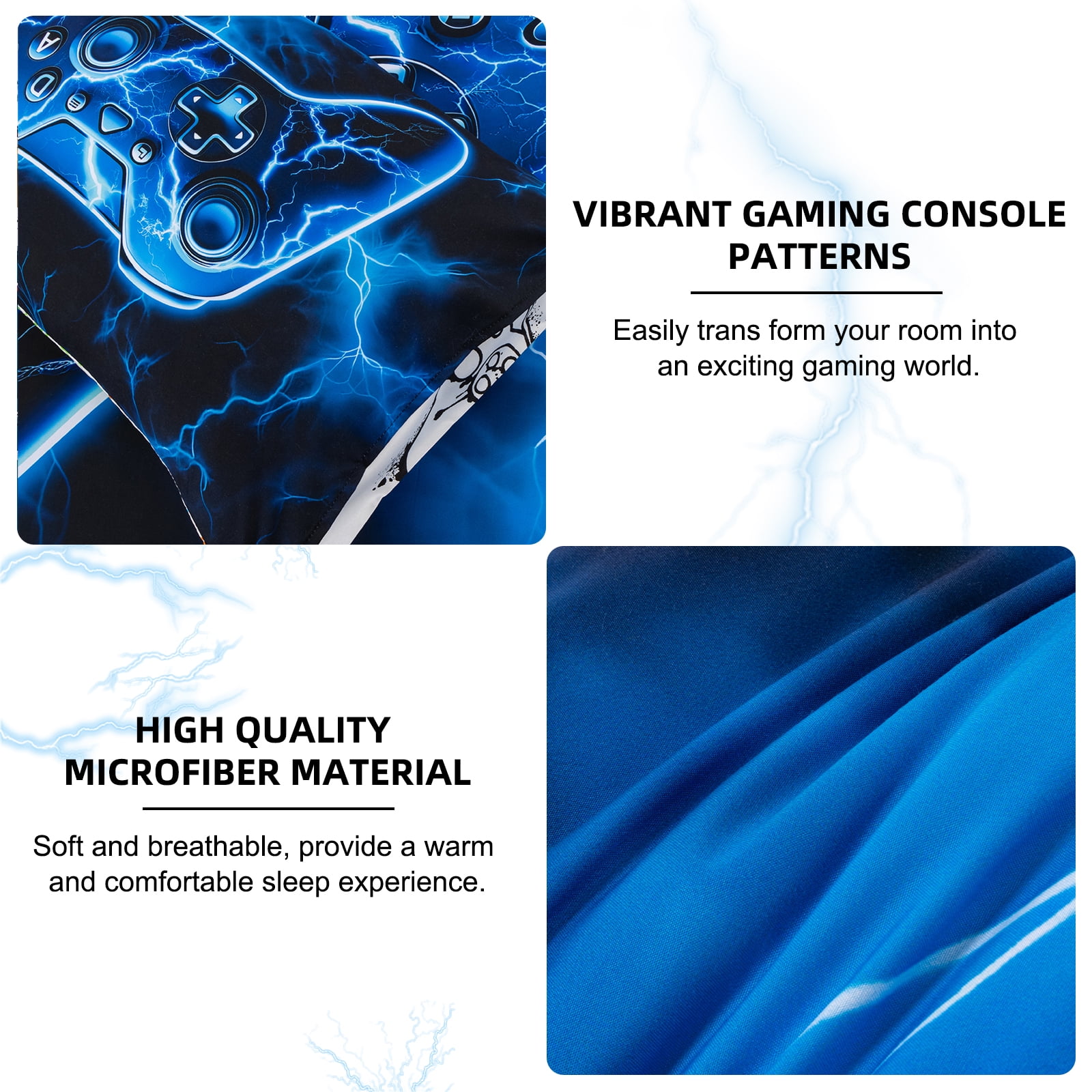 Btargot 3 Piece Gamer Boy Twin Comforter Set Blue Lightning Game Controller Print Kids Bedding Set