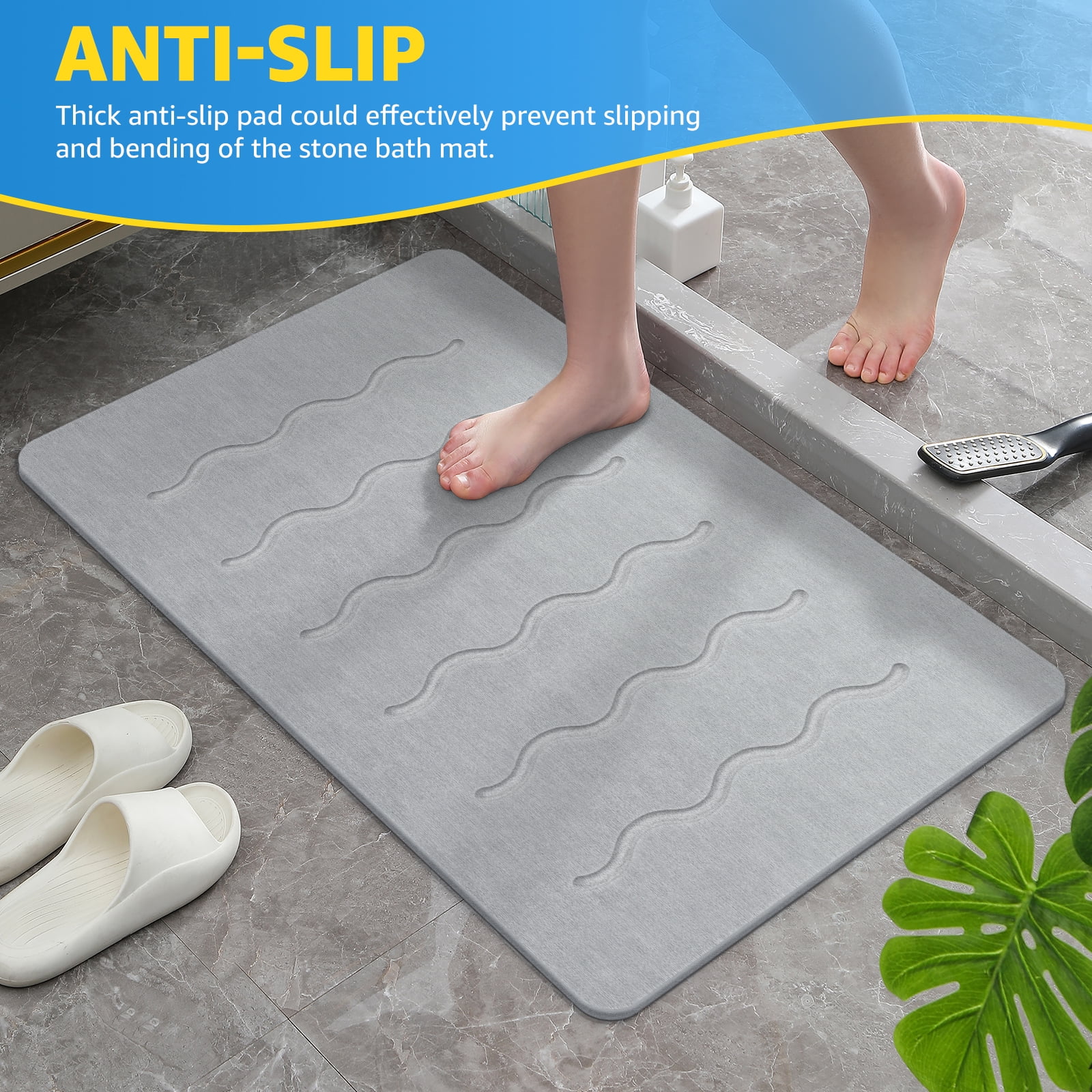 OTHWAY Large Stone Bath Mat, 32"x 20" Diatomaceous Earth Bath Mat for Bathroom, Quick Drying Long Bath Mat Stone Absorbing, Non-Slip Diatomite Hard Stone Shower Mat Instant Dry(Light Grey)